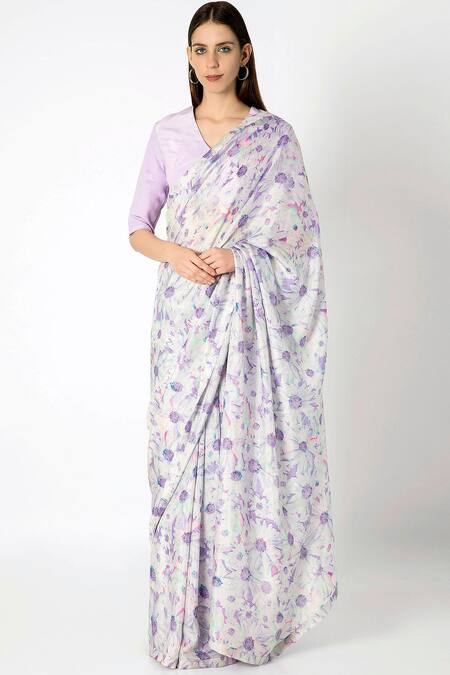Masaba_Purple Crepe Silk Saree With Blouse Unstitched Blouse Fabric_Online_at_Aza_Fashions