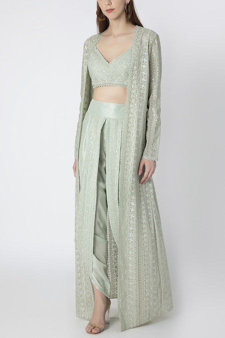 Masaba Green Silk Embroidered Cape Dhoti Pant Set