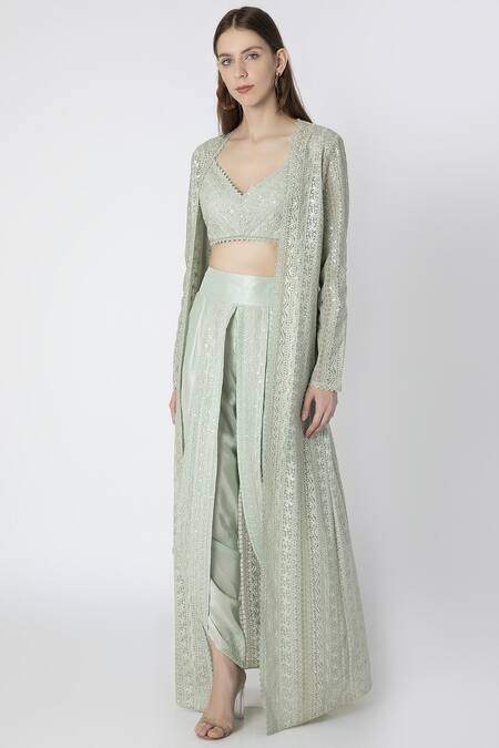 Masaba Green Silk Embroidered Cape Dhoti Pant Set Online at Aza Fashions Masaba_Green Silk Embroidered Cape Dhoti Pant Set_Online_at_Aza_Fashions
