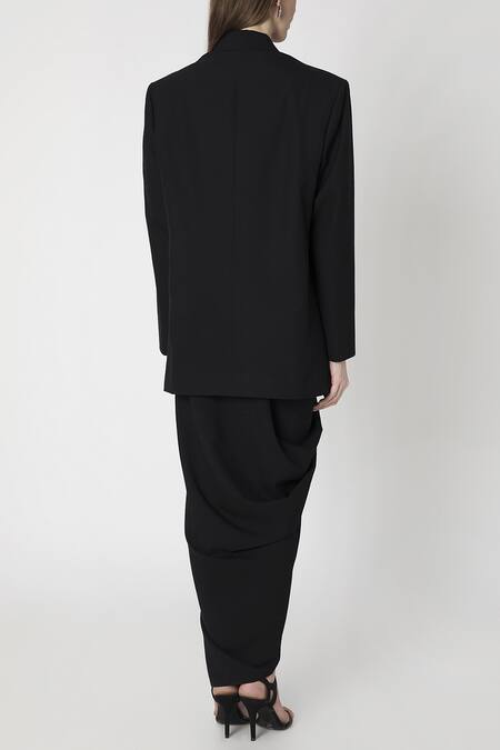 Shop Masaba Black Suiting Draped Skirt Set at Aza Fashions Shop_Masaba_Black Suiting Draped Skirt Set_at_Aza_Fashions