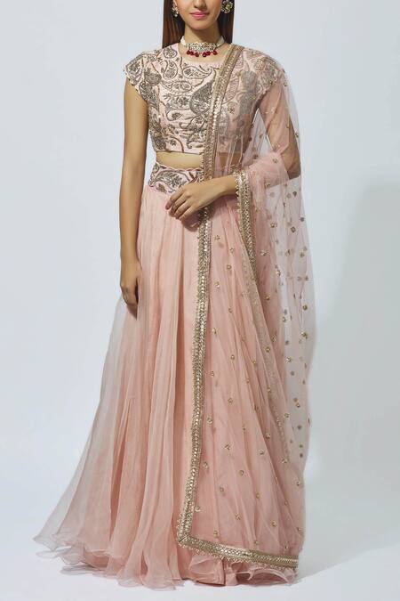 Mrunalini Rao Peach Raw Silk Embroidered Lehenga Set