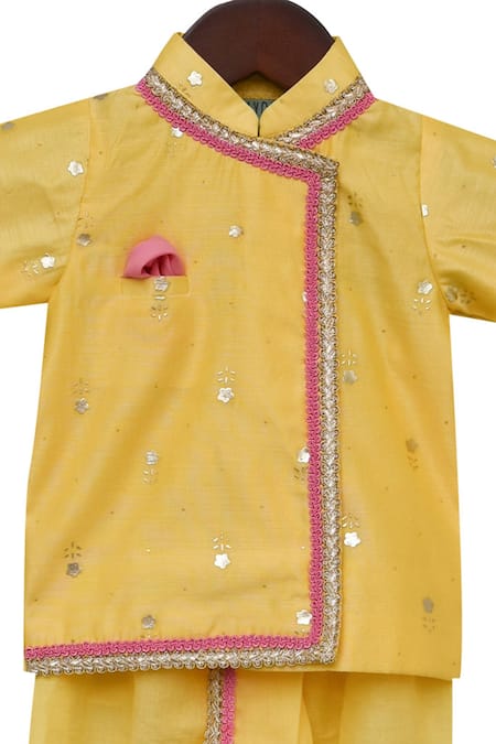 Fayon Kids_Yellow Chanderi, Cotton Foil Printing, Lace Printed Kurta Dhoti Pant Set _Online_at_Aza_Fashions