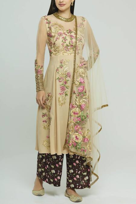 Neeta Lulla_Beige Crepe Embroidered Anarkali Palazzo Set_Online_at_Aza_Fashions