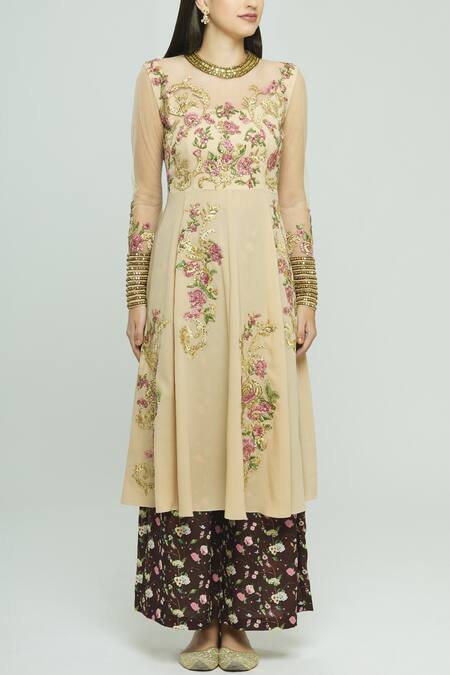 Buy_Neeta Lulla_Beige Crepe Embroidered Anarkali Palazzo Set_Online_at_Aza_Fashions