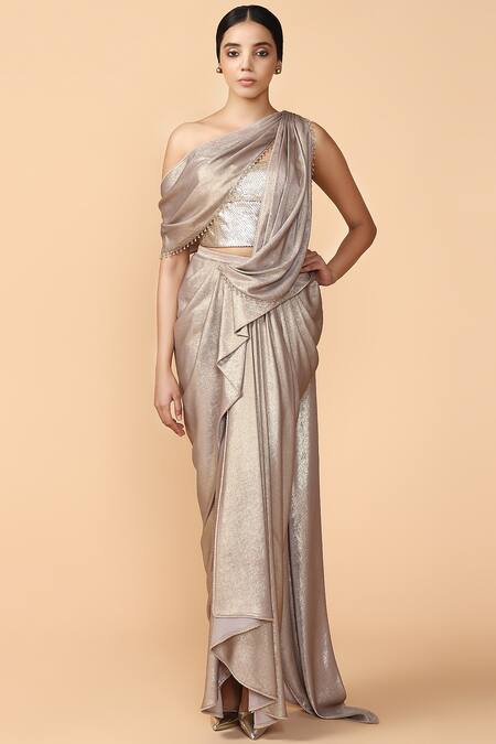 Tarun Tahiliani Grey Dolphin Shimmer Foil Pre-draped Textured Saree With Blouse 