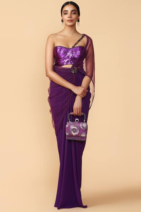 Tarun Tahiliani Purple Royal Georgette Pre-draped Saree With Embellished Blouse 