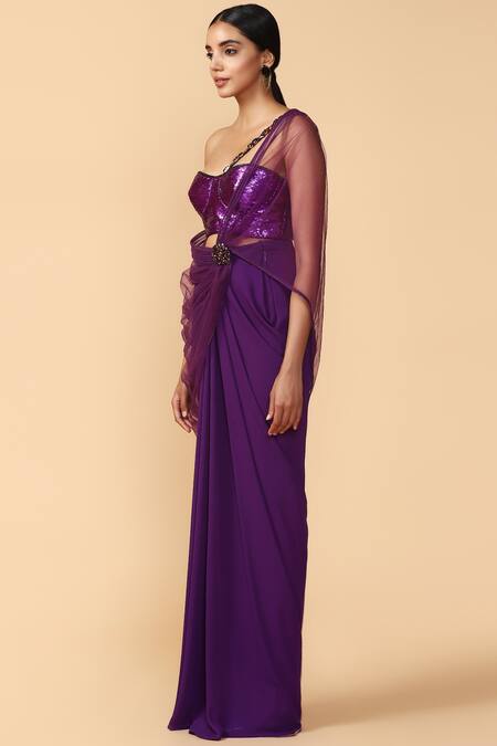 Tarun Tahiliani_Purple Royal Georgette Pre-draped Saree With Embellished Blouse _Online_at_Aza_Fashions