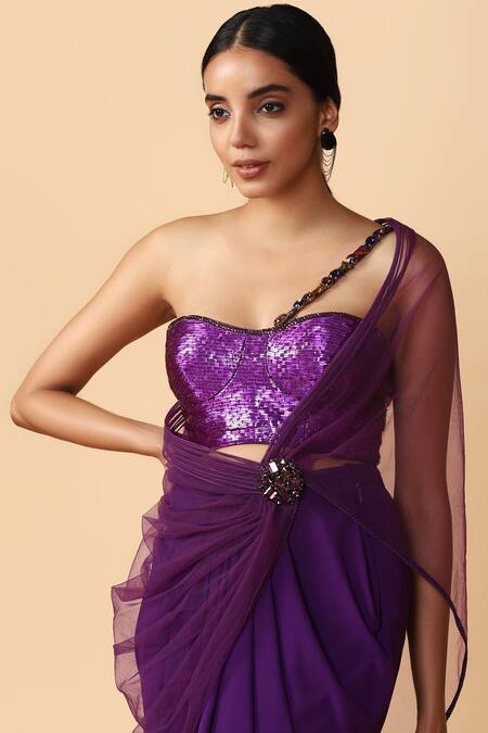 Buy_Tarun Tahiliani_Purple Royal Georgette Pre-draped Saree With Embellished Blouse _Online_at_Aza_Fashions