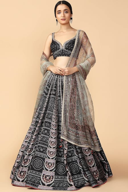 Tarun Tahiliani Black Satin Leaf Neck Printed Lehenga Set 