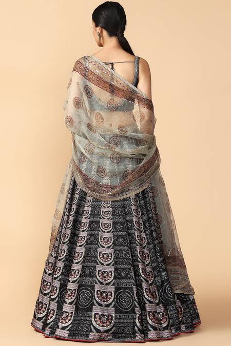 Shop_Tarun Tahiliani_Black Satin Leaf Neck Printed Lehenga Set _at_Aza_Fashions