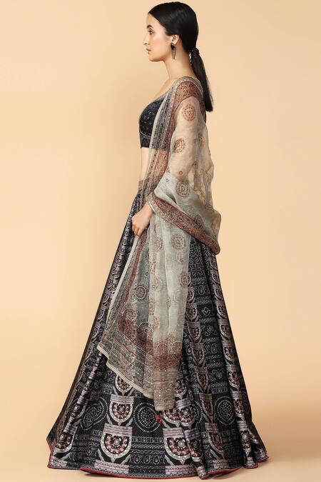 Tarun Tahiliani_Black Satin Leaf Neck Printed Lehenga Set _Online_at_Aza_Fashions