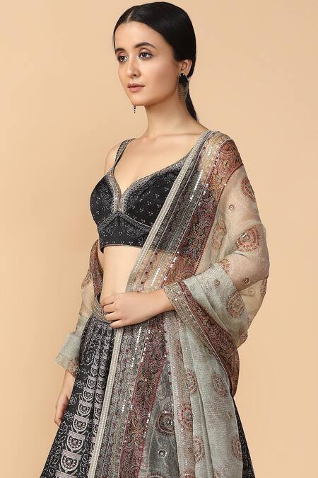 Buy_Tarun Tahiliani_Black Satin Leaf Neck Printed Lehenga Set _Online_at_Aza_Fashions