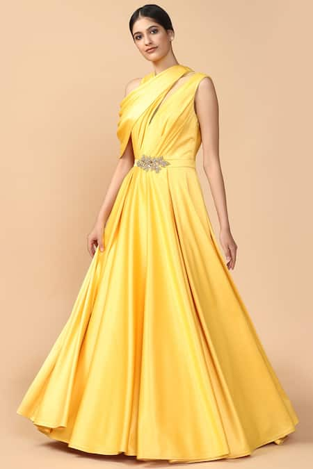 Tarun Tahiliani Yellow Satin Lycra Round Draped Gown 