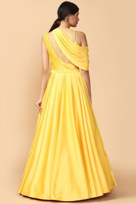 Shop_Tarun Tahiliani_Yellow Satin Lycra Round Draped Gown _at_Aza_Fashions