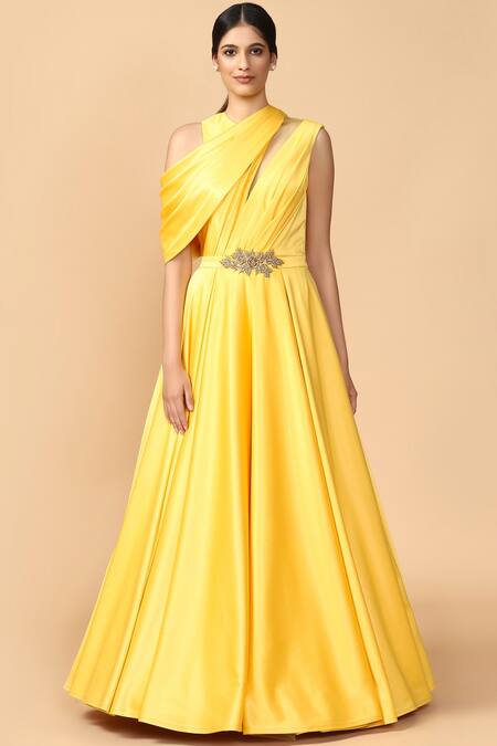 Tarun Tahiliani_Yellow Satin Lycra Round Draped Gown _Online_at_Aza_Fashions