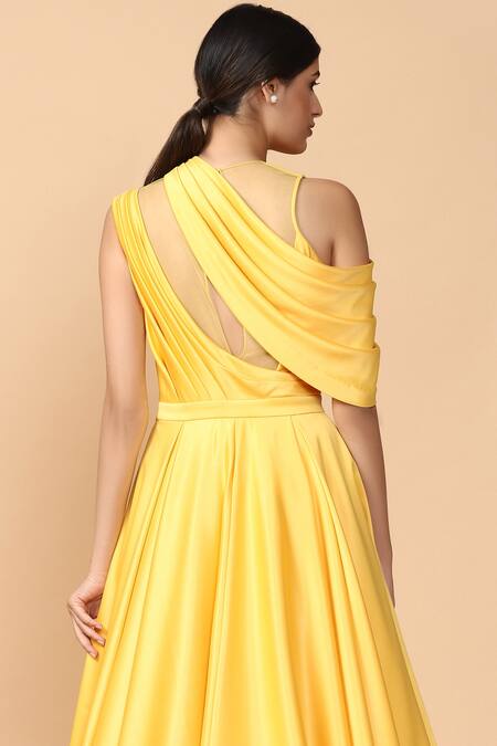 Shop_Tarun Tahiliani_Yellow Satin Lycra Round Draped Gown _Online_at_Aza_Fashions
