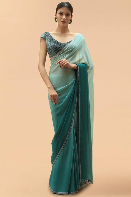 Tarun Tahiliani Grey Chiffon Wide Neck Saree With Crystalized Blouse 