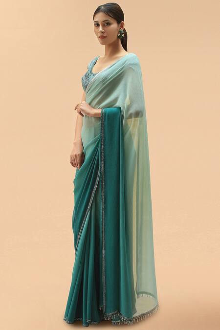 Tarun Tahiliani_Grey Chiffon Wide Neck Saree With Crystalized Blouse _Online_at_Aza_Fashions