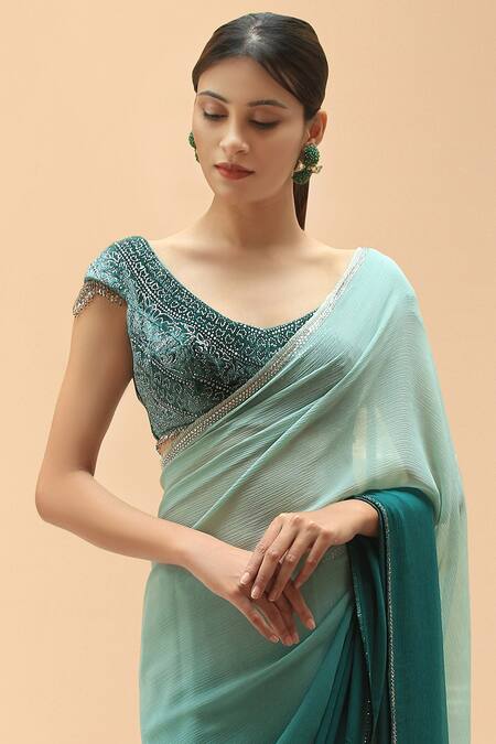 Buy_Tarun Tahiliani_Grey Chiffon Wide Neck Saree With Crystalized Blouse _Online_at_Aza_Fashions