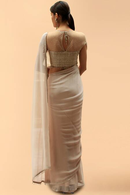 Shop_Tarun Tahiliani_Peach Chiffon Round Saree With Crystalized Blouse _at_Aza_Fashions