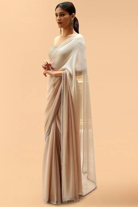 Tarun Tahiliani_Peach Chiffon Round Saree With Crystalized Blouse _Online_at_Aza_Fashions