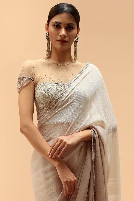 Buy_Tarun Tahiliani_Peach Chiffon Round Saree With Crystalized Blouse _Online_at_Aza_Fashions
