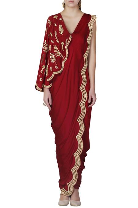 Limerick By Abirr N' Nanki_Wine Satin V-shaped Neckline Pre-draped Saree Dress _Online_at_Aza_Fashions