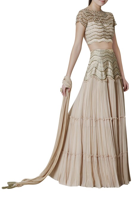 Limerick by Abirr N' Nanki Gold Georgette Round Embroidered Lehenga Set 