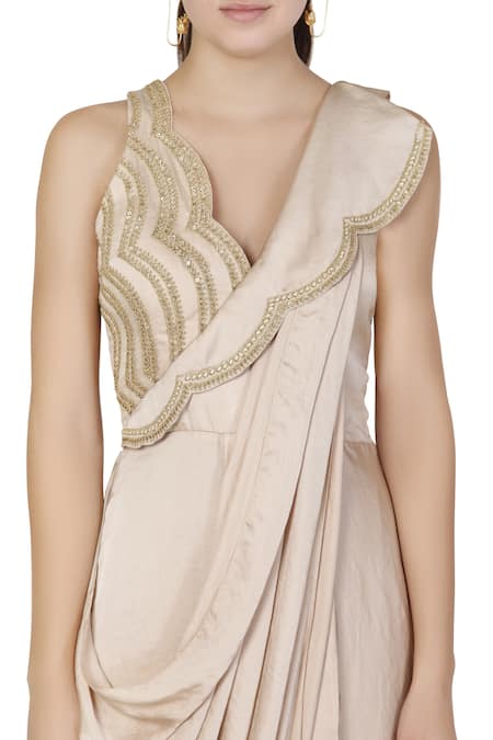 Limerick by Abirr N' Nanki_Gold Net, Satin, Shantoon V-shapedneckline Pre-draped Gown Saree _Online_at_Aza_Fashions