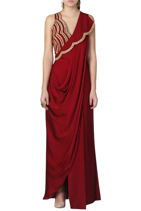 Limerick by Abirr N' Nanki Wine Satin V-shaped Neckline Pre-draped Gown Saree 