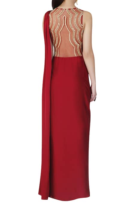 Shop_Limerick by Abirr N' Nanki_Wine Net, Satin, Shantoon V-shaped Neckline Pre-draped Gown Saree _at_Aza_Fashions