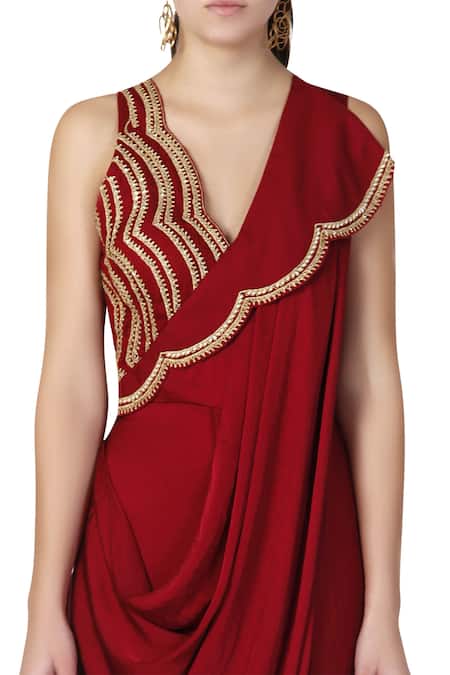 Limerick by Abirr N' Nanki_Wine Net, Satin, Shantoon V-shaped Neckline Pre-draped Gown Saree _Online_at_Aza_Fashions