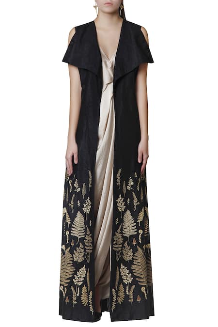 Limerick By Abirr N' Nanki Black Silk, Satin, Shantoon Dress V-shaped Neckline Jacket Flap Draped With 