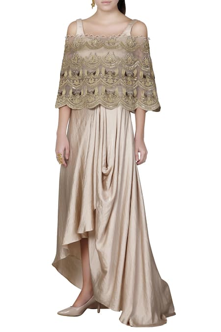 Limerick by Abirr N' Nanki Gold Organza Round Embroidered Cape Skirt Set 