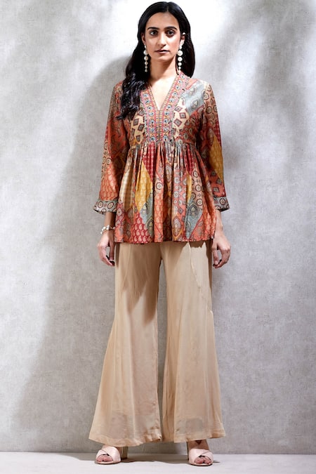 Ritu Kumar Multi Color Viscose Bamberg V Neck Printed Short Kurta
