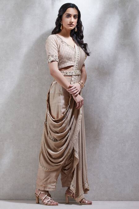 Ritu Kumar_Beige Lurex Stripe Round Embroidered Pre-draped Saree With Blouse_Online_at_Aza_Fashions
