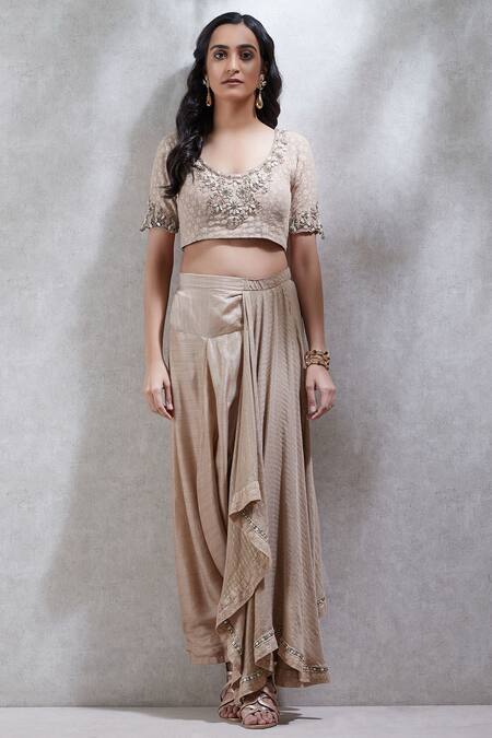 Buy_Ritu Kumar_Beige Lurex Stripe Round Embroidered Pre-draped Saree With Blouse_Online_at_Aza_Fashions