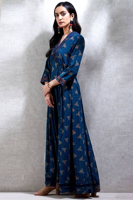 Buy_Ritu Kumar_Blue Cotton V-shaped Neckline Printed Kurta_Online_at_Aza_Fashions