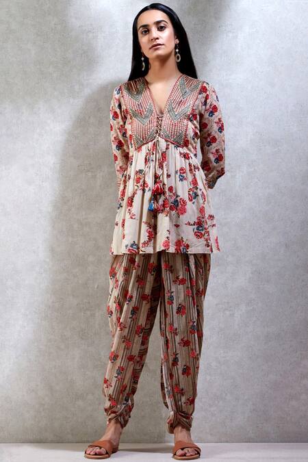 Ritu Kumar_Multi Color Cotton, Georgette, Viscose V Neck Printed Kurta With Dhoti Pants_Online_at_Aza_Fashions