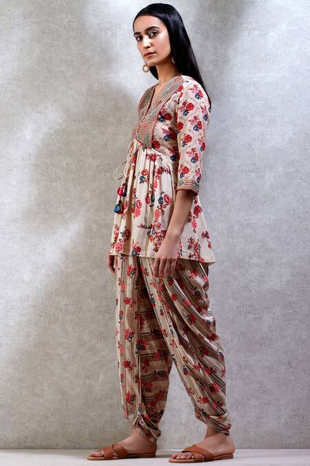 Shop_Ritu Kumar_Multi Color Cotton, Georgette, Viscose V Neck Printed Kurta With Dhoti Pants_Online_at_Aza_Fashions