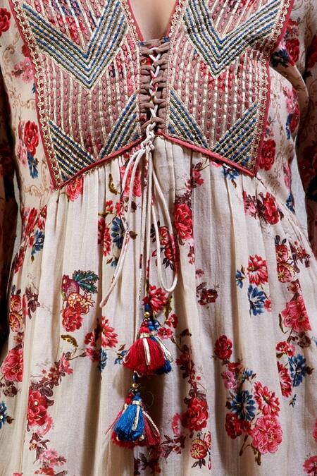 Ritu Kumar_Multi Color Cotton, Georgette, Viscose V Neck Printed Kurta With Dhoti Pants_at_Aza_Fashions