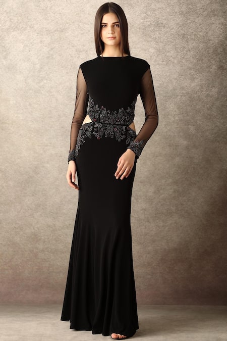 Buy Black Jersey Round Embellished Fish Cut Gown For Women by Namrata ...