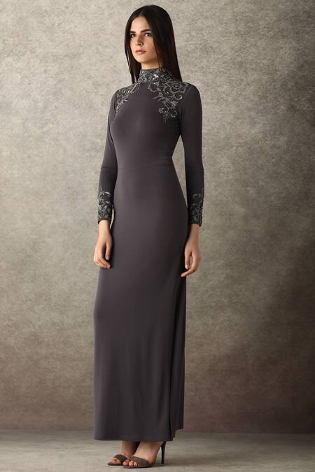 Namrata Joshipura_Grey Jersey Round Embellished Gown_Online_at_Aza_Fashions