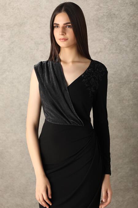 Buy_Namrata Joshipura_Black Jersey V Neck Draped Midi Dress_Online_at_Aza_Fashions