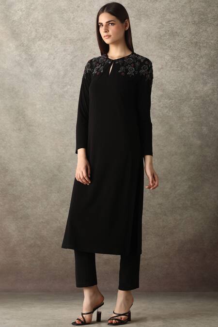 Namrata Joshipura_Black Jersey Round Embellished Kurta Set_Online_at_Aza_Fashions