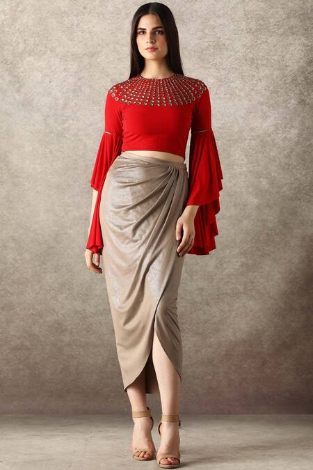 Namrata Joshipura_Red Jersey Round Embellished Crop Top_Online_at_Aza_Fashions