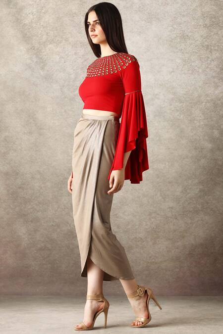 Buy_Namrata Joshipura_Red Jersey Round Embellished Crop Top_Online_at_Aza_Fashions