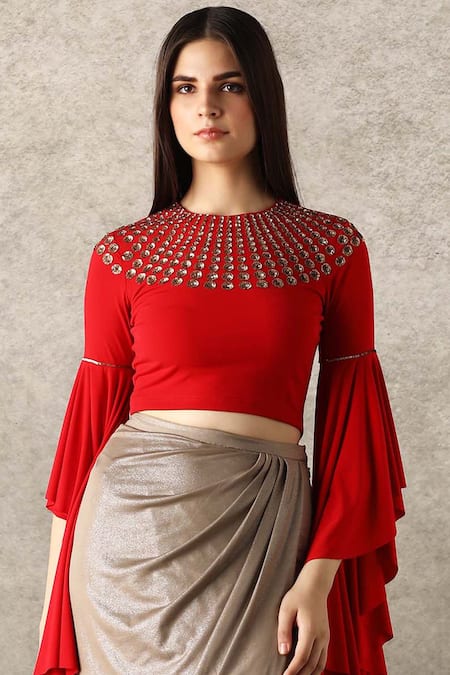 Shop_Namrata Joshipura_Red Jersey Round Embellished Crop Top_Online_at_Aza_Fashions