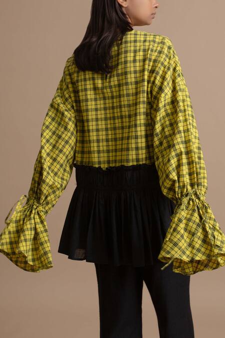 Shop Kanelle Black Cotton Checkered Peplum Top at Aza Fashions Shop_Kanelle_Black Cotton Checkered Peplum Top_at_Aza_Fashions