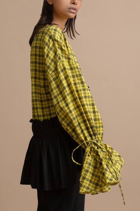 Kanelle Black Cotton Checkered Peplum Top Online at Aza Fashions Kanelle_Black Cotton Checkered Peplum Top_Online_at_Aza_Fashions
